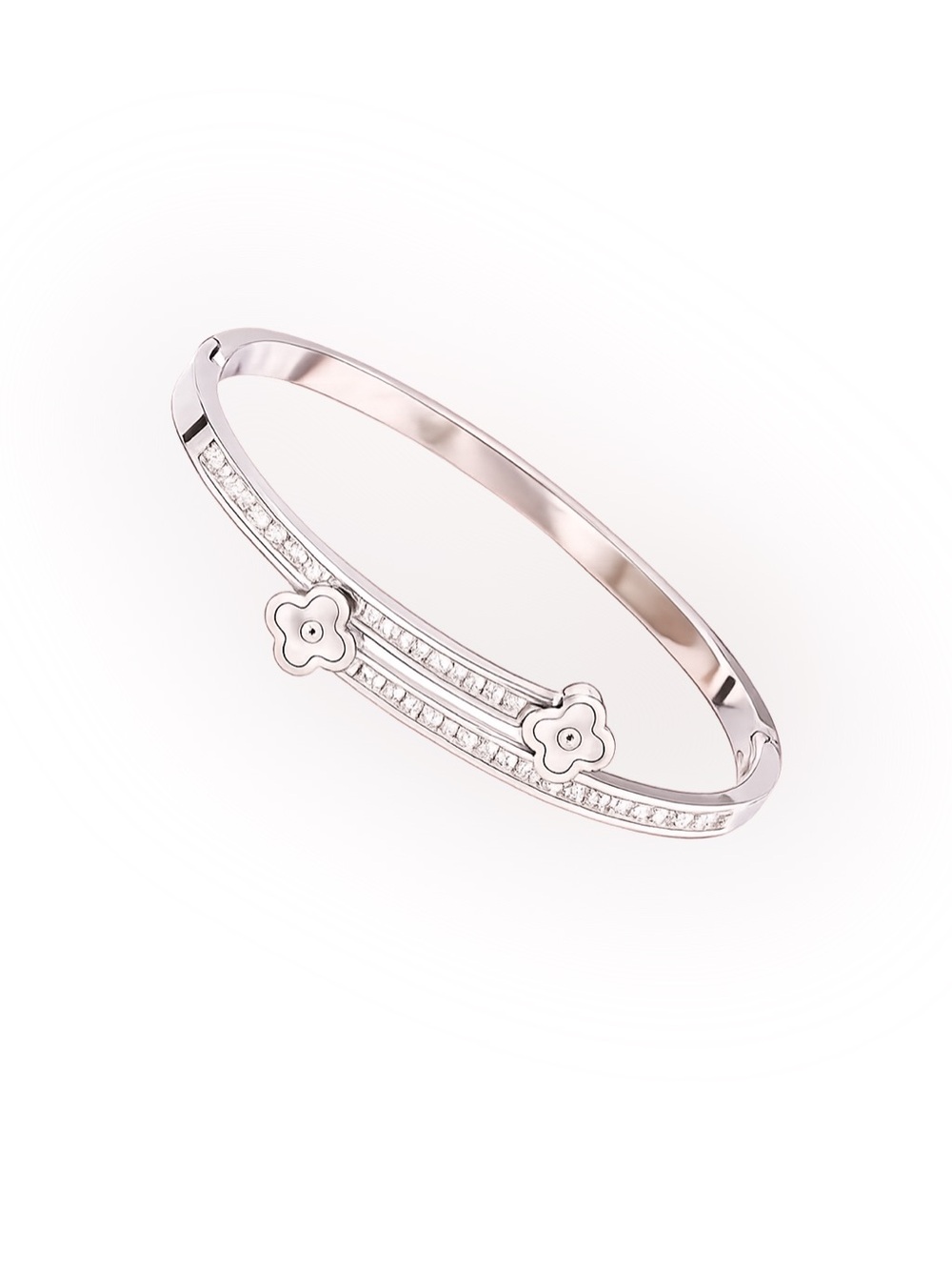 Silver Stainless Steel CZ Clover Bangle Bracelet with Hinged Cuff - NEW - Picture 2 of 2